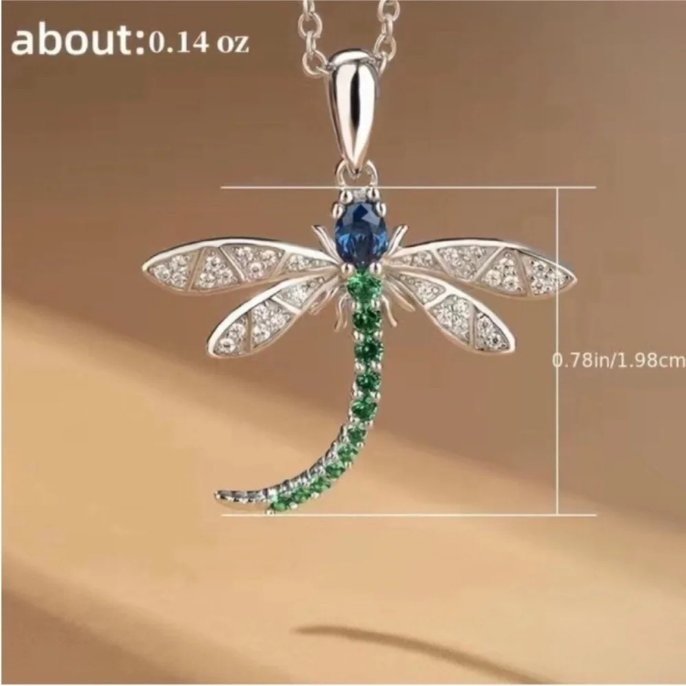Women’s Cubic Zircon Dragonfly Necklace Sliver Plated Green Blue Dragonfly